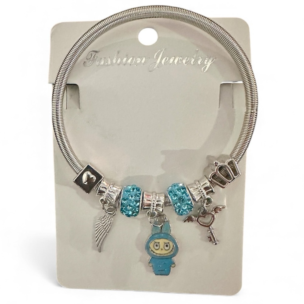 Labubu Monster Silver Stretch Charm Bracelet with Blue Accents- NWT